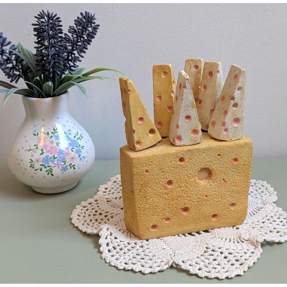 Vintage Cheese Knife Set with Swiss Cheese Block Holder | 6 Piece Novelty Cheese